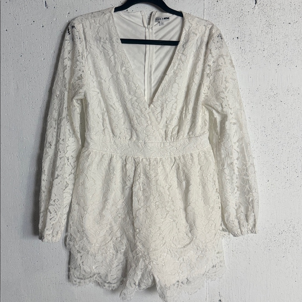 Fashion Nova White Lace Long Sleeve Romper, Fits S/M - Picture 8 of 12